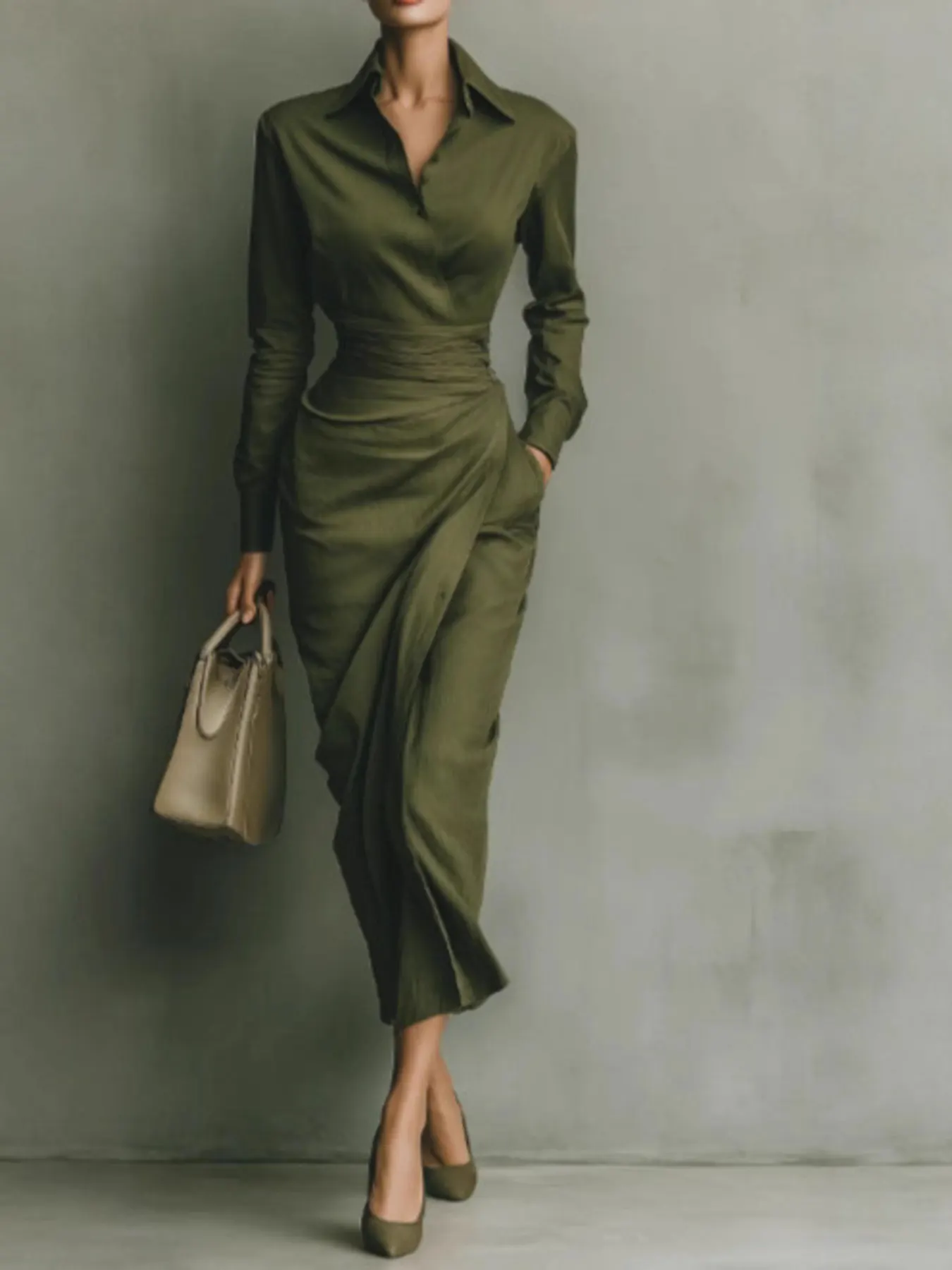 Long-Sleeve Wrap Midi Shirt Dress