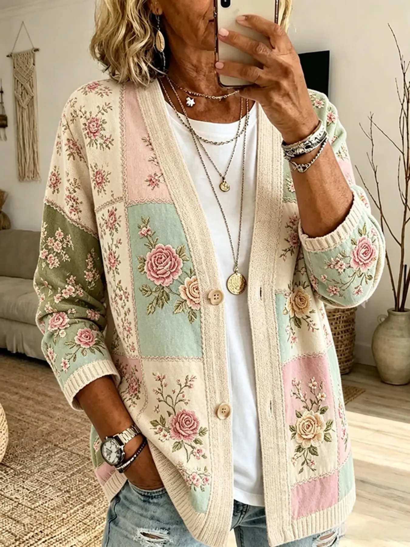 Full Size Floral V-Neck Button-Down Cardigan Plus Size