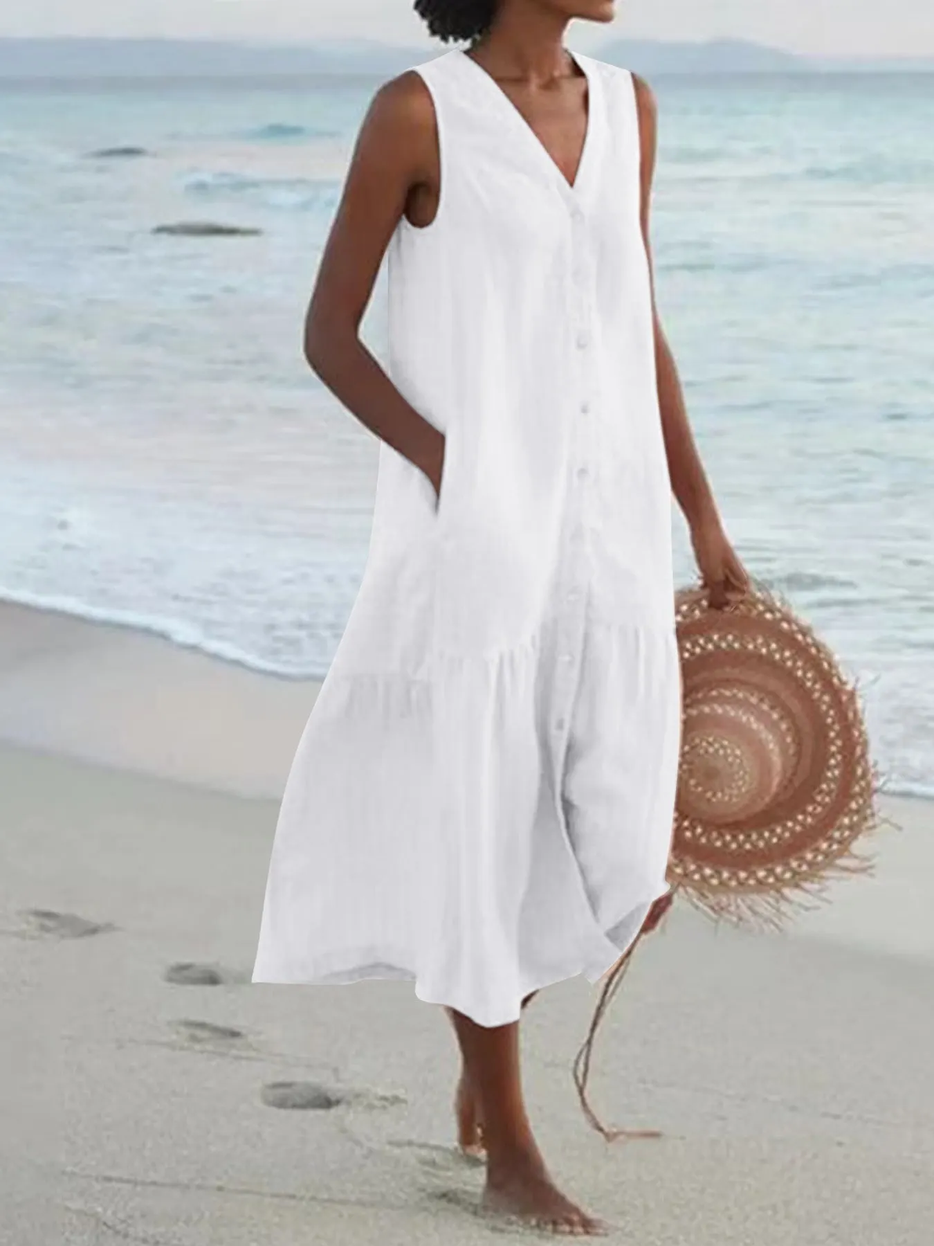Full Size V-Neck Button Front Sleeveless Midi Dress Plus Size