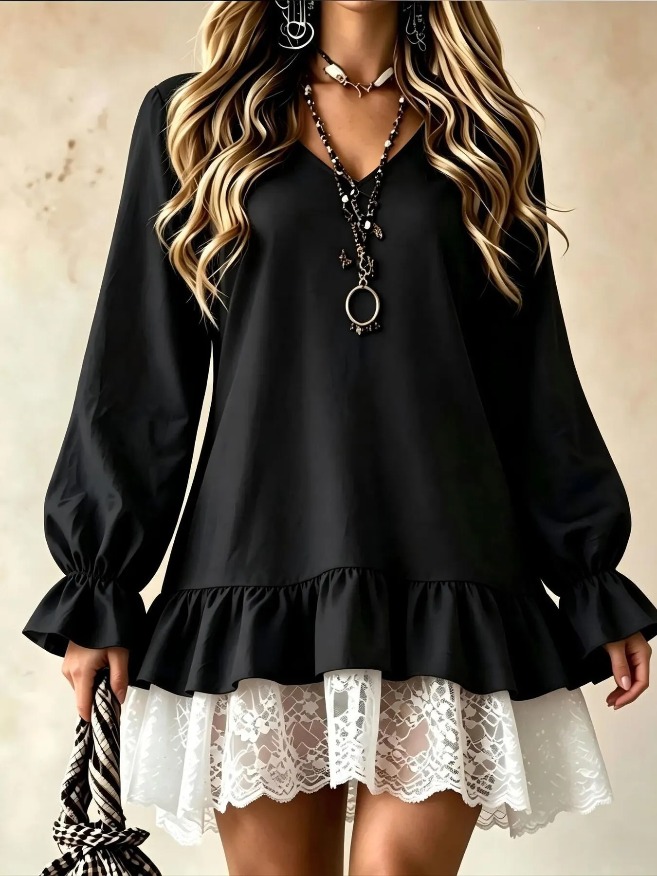 V-Neck Long Sleeve Ruffle Hem Lace Detail Dress