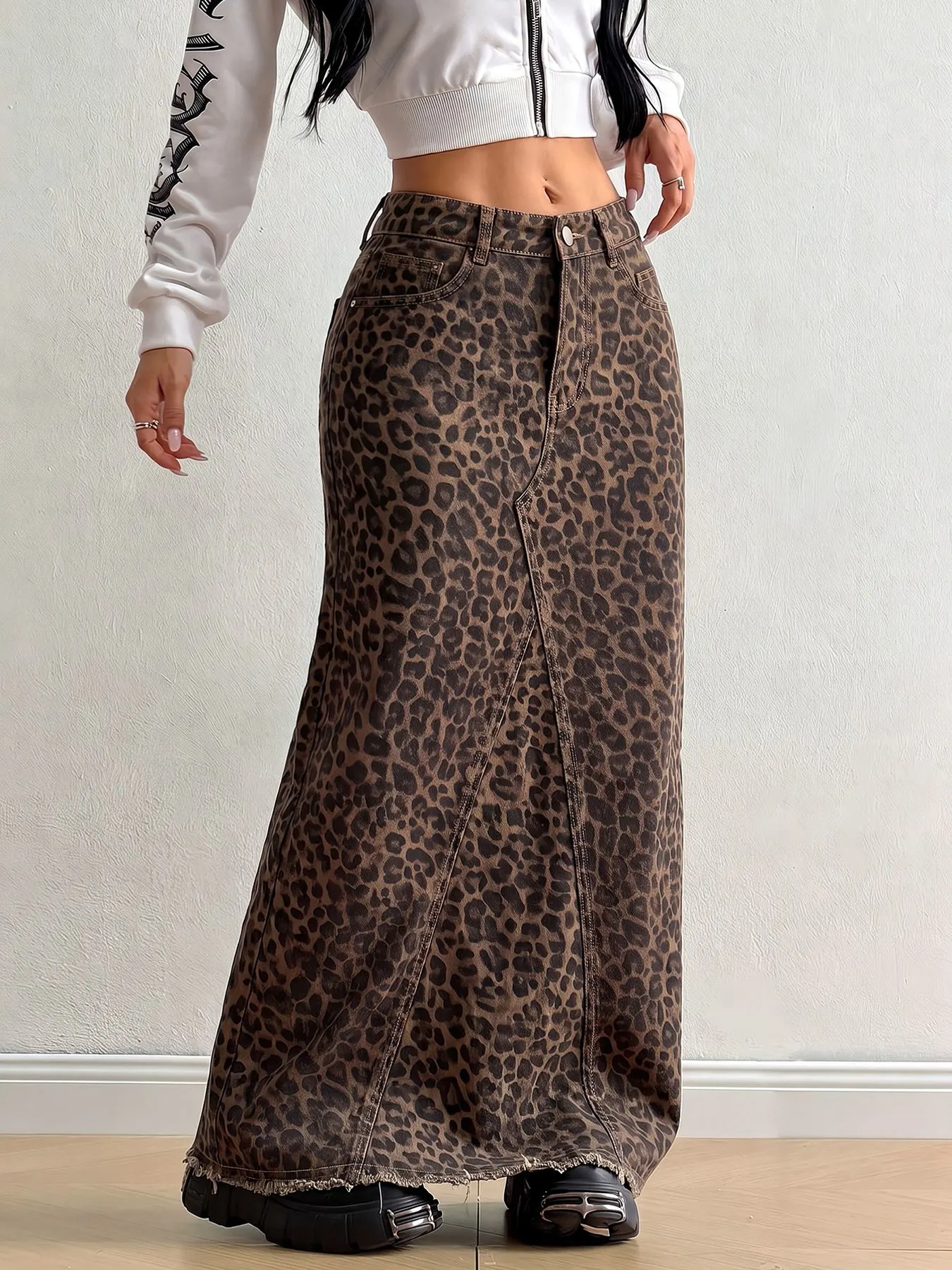 Leopard Maxi Denim Skirt