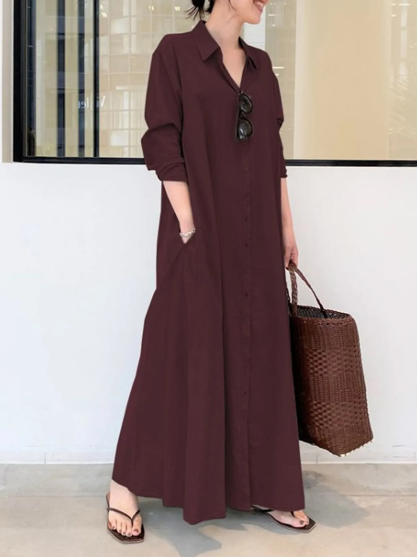 Full Size Button Front Long Sleeve Maxi Shirt Dress Plus Size