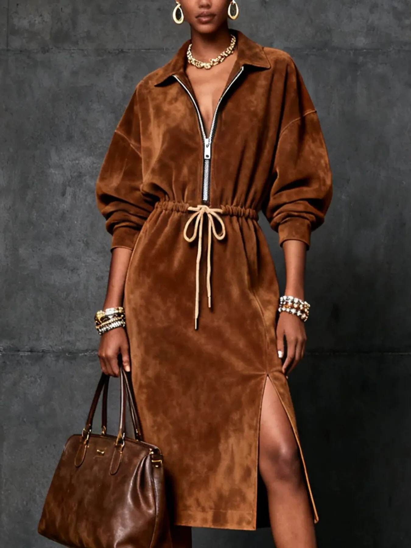 Slit Zip-Front Drawstring Midi Dress 1