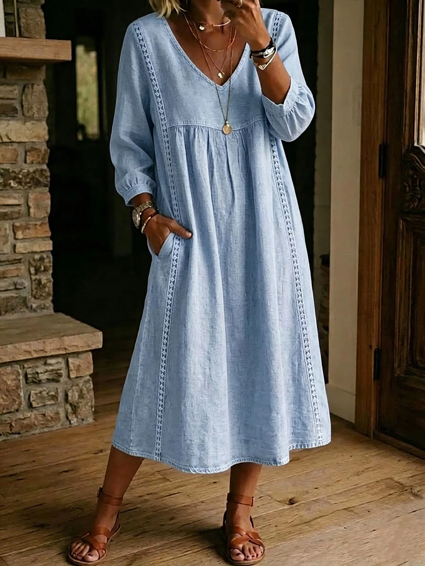 Full Size Lace Trim Long Sleeve Midi Dress Plus Size