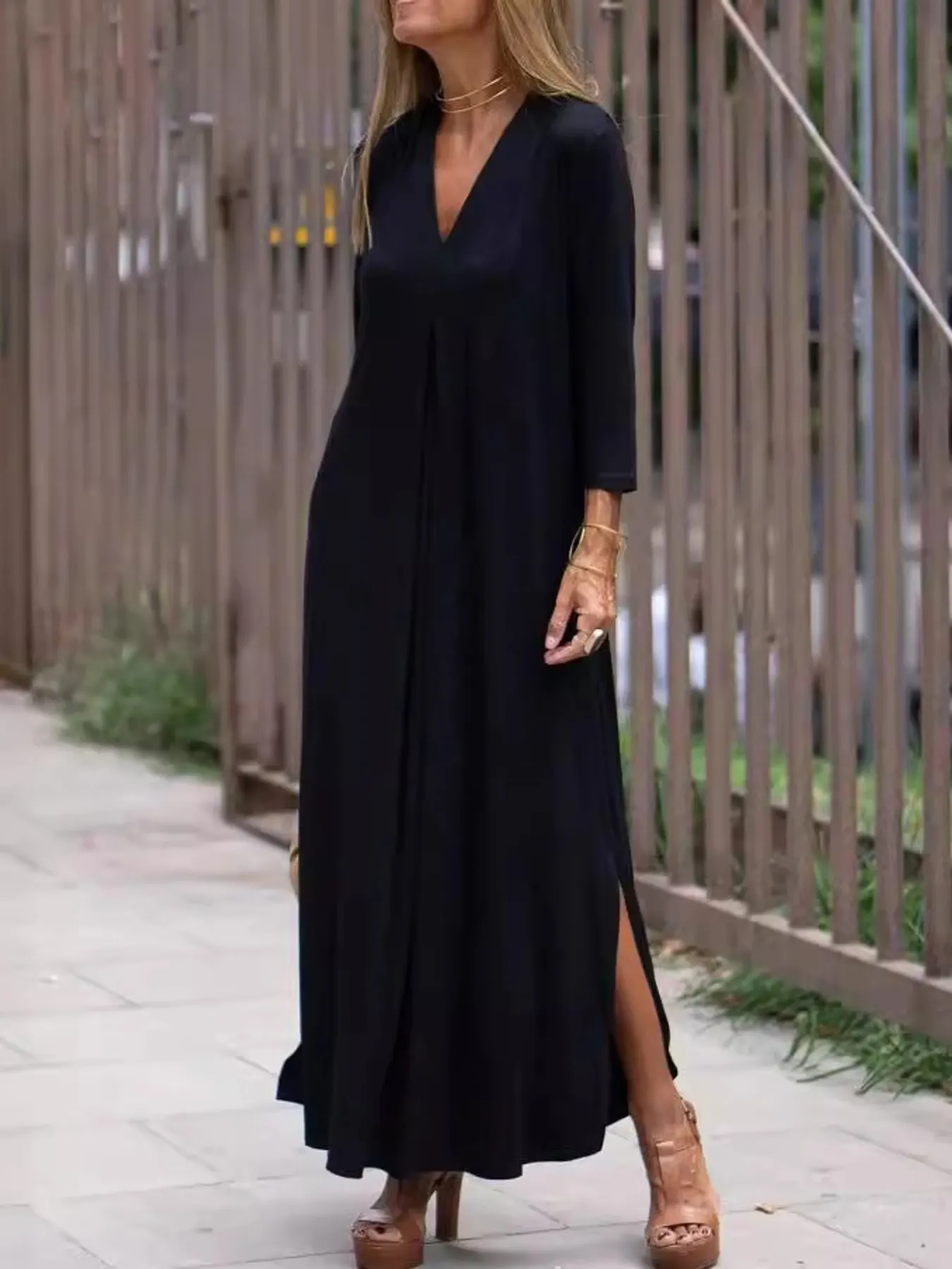 Full Size V-Neck Solid Color Casual Midi Dress Plus Size