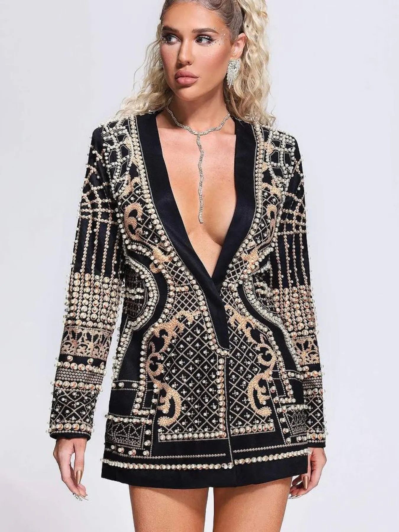 Full Size Embellished Pearl One-Button Blazer Plus Size